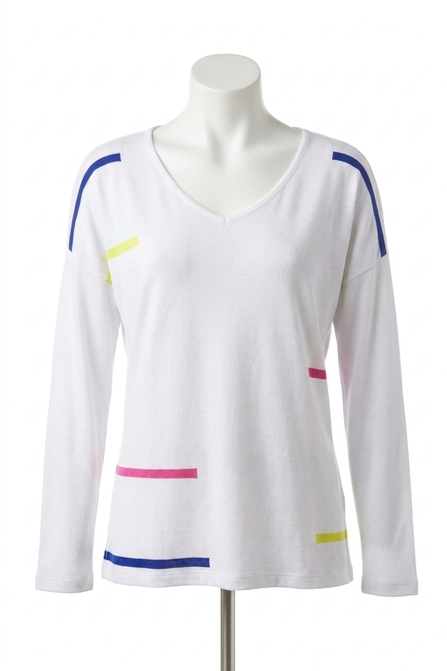 NEW ANGEL long sleeve v-neck top in white/multi